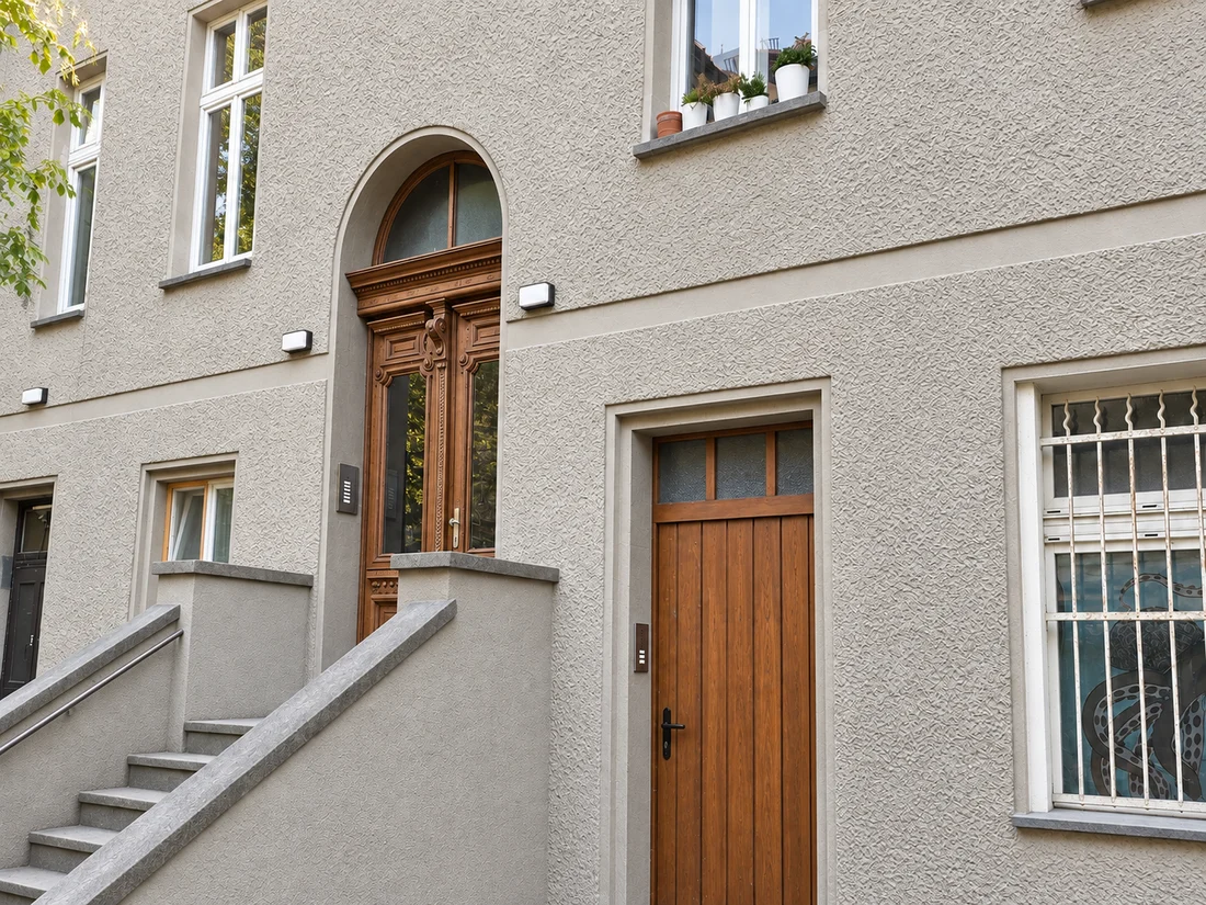 Restaurierte Altbaufassade mit historischem Holzeingang und frisch verputztem Treppenaufgang – KI-visualisiertes Beispielmotiv