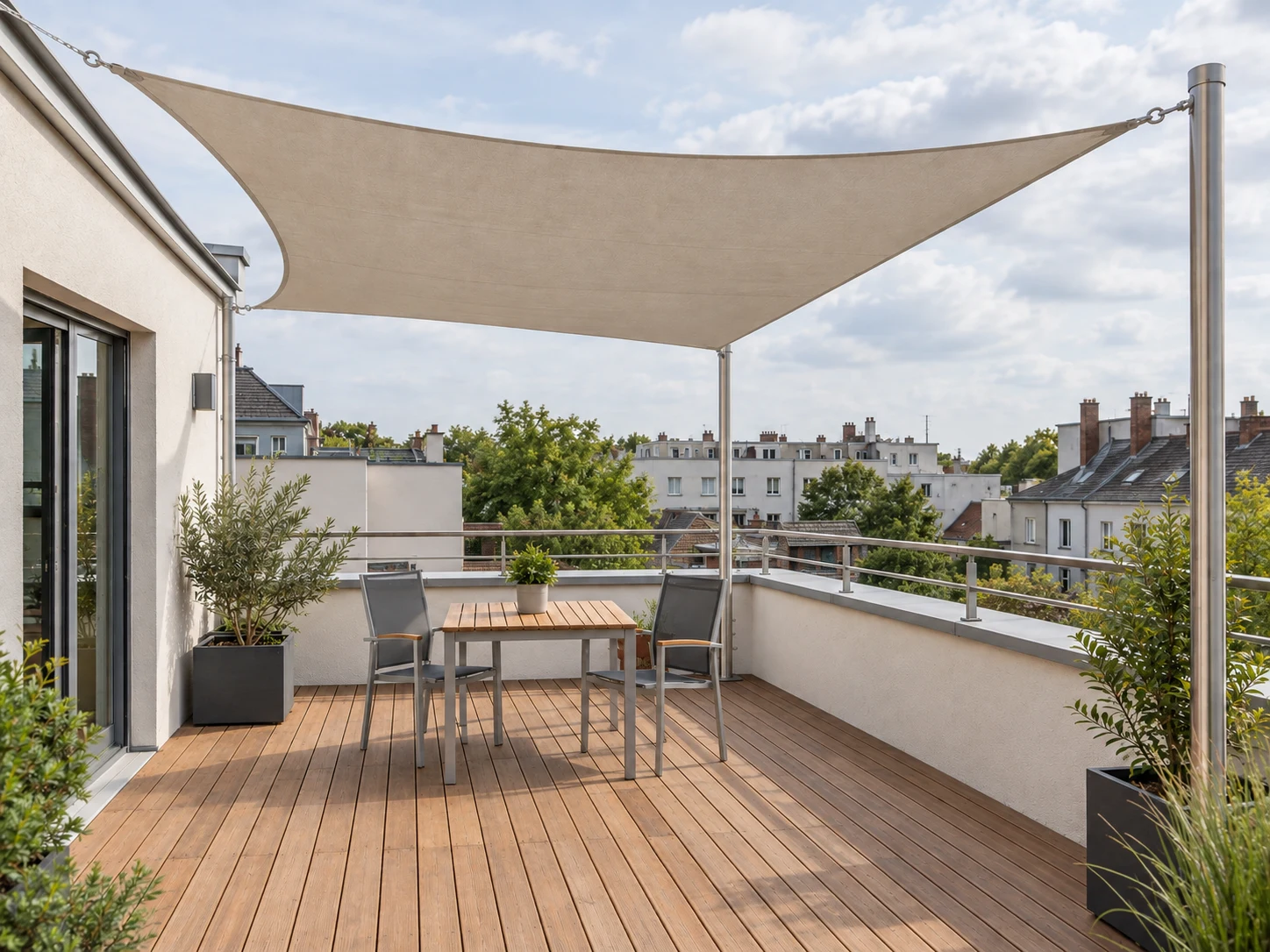Dachterrasse mit Holzbelag und gespanntem Sonnensegel – KI-generiertes Beispielmotiv