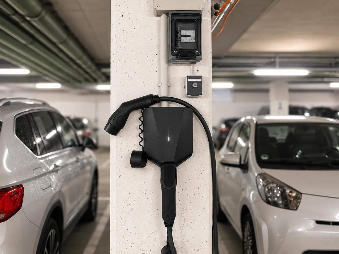 Wallbox mit Ladekabel an einer Betonsäule in einer Tiefgarage – Beispielmotiv