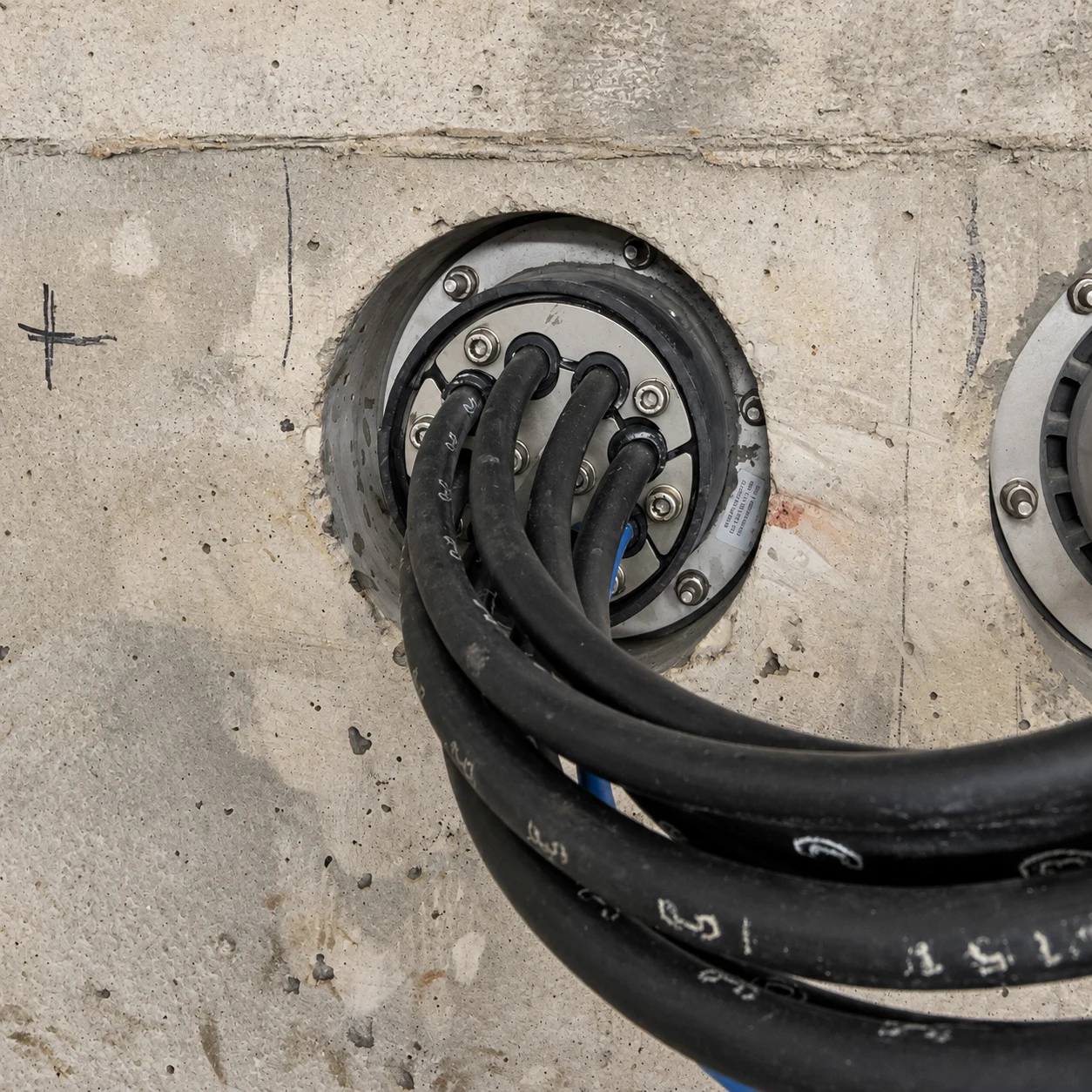 Detail einer Kabeldurchführung in einer Betonwand