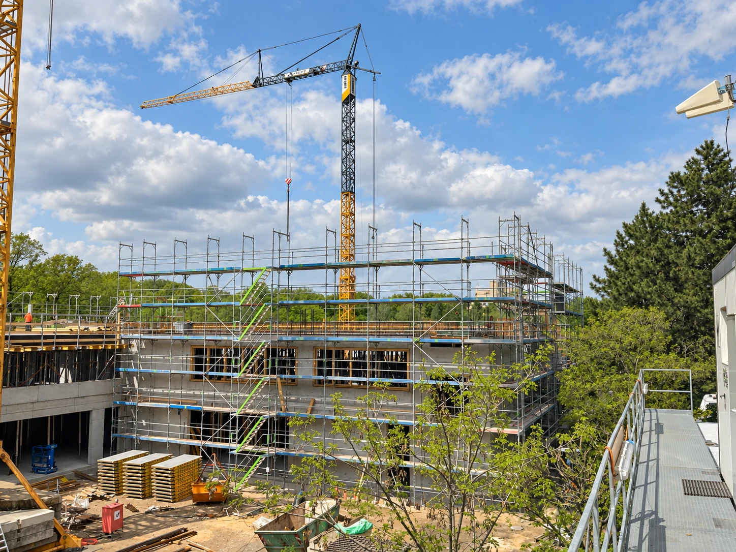 Baustelle mit Betonrohbau, Gerüst und Baukran