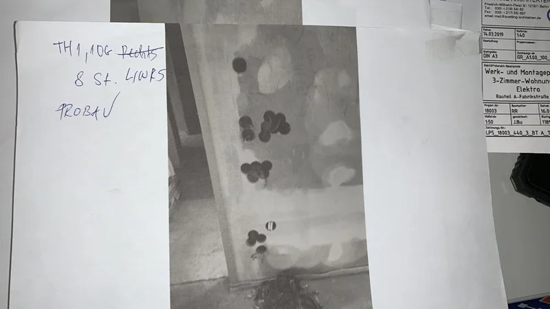 Notizen und Markierungen auf einer Baustellenwand