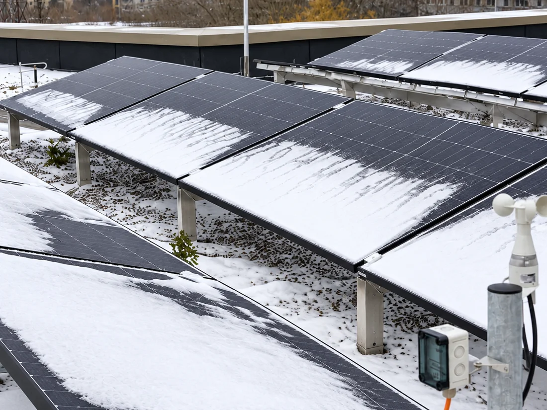 Installierte Photovoltaikmodule auf einem Flachdach im Winter – KI-bearbeitetes Beispielmotiv